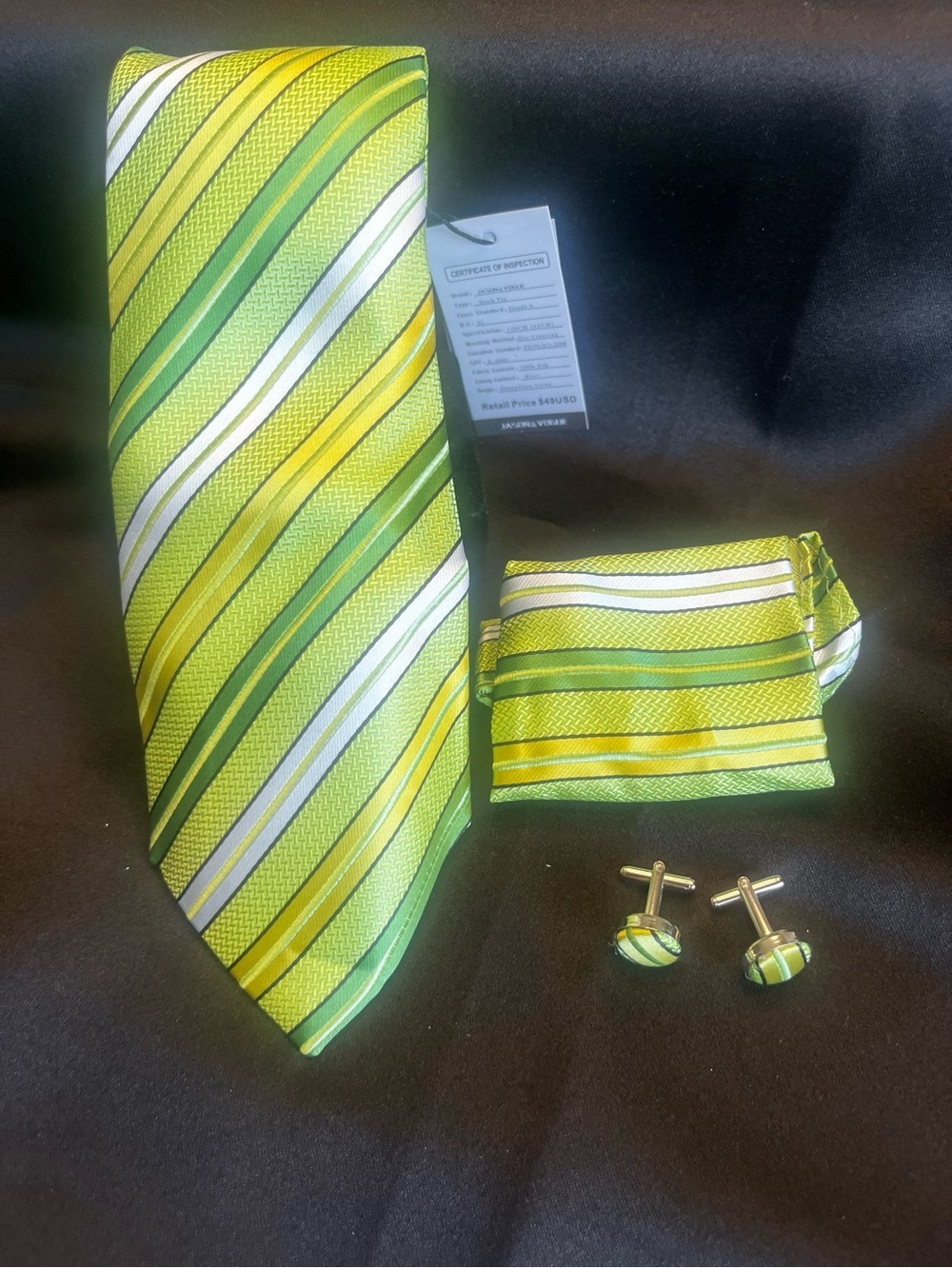 Men's Lime Green Striped Tie Set - Includes Pocket Square & Cufflinks